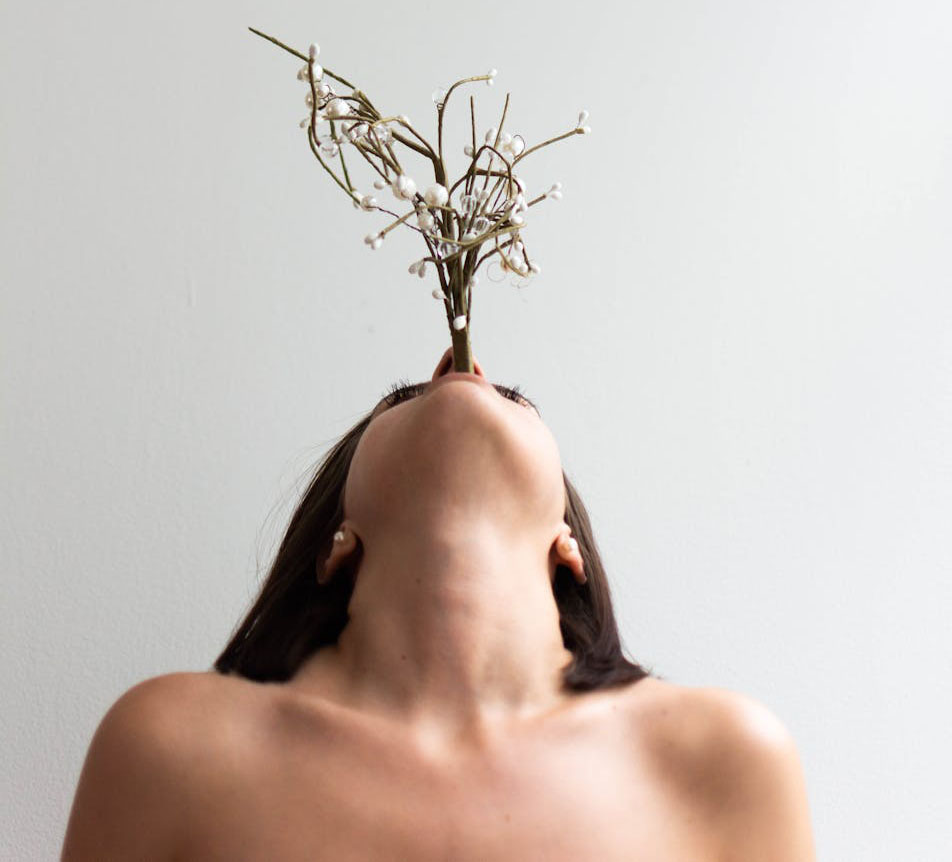 Minimalist portrait of a nude woman holding a branch against a white background, creating an artistic pose.